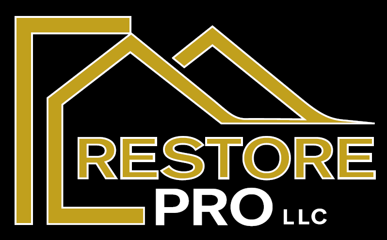 Logo of Restore Pro LLC featuring stylized house outlines in gold and white.
