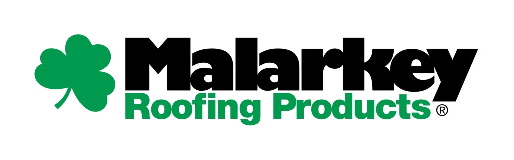 Logo of Malarkey Roofing Products featuring a green shamrock and bold text.