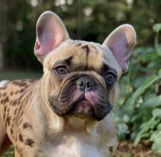 Close-up of a French Bulldog with a distinctive spotted coat, looking curiously at the camera with a blurred green background.