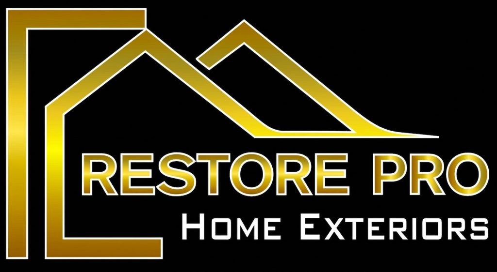 Logo of Restore Pro Home Exteriors featuring stylized house graphics and gold lettering on a black background.